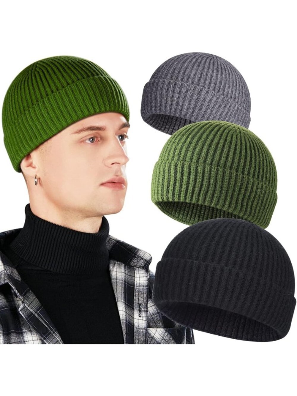 Cozy 3-Pack Wool Fisherman Beanies for Men | Cuffed Knit Watch Caps